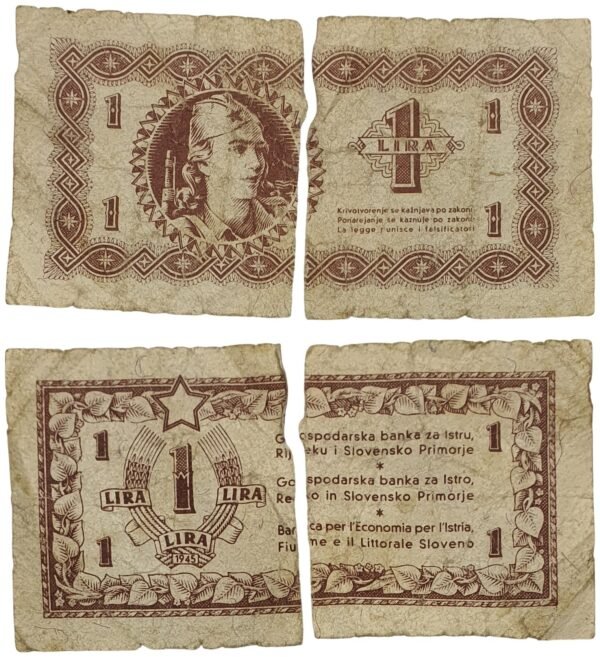 YUGOSLAVIA 1 lira 1945 / Economy Bank for Istra, Rijeka and Slovenian Littoral Region / broken / VG-