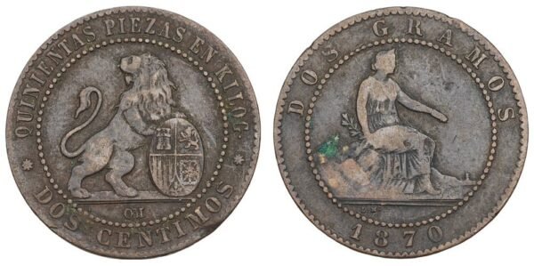 SPAIN 2 centimos 1870 VF