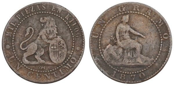 SPAIN 1 centimo 1870 VF