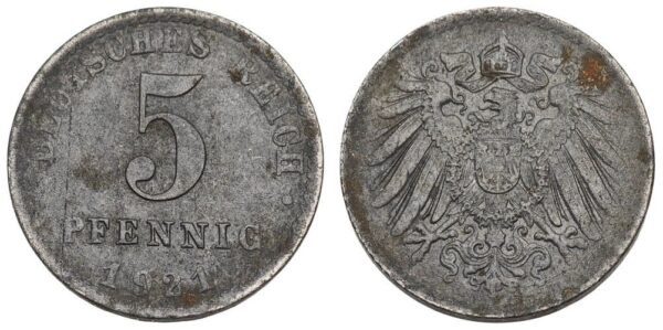 GERMANY 5 pfennig 1921A / Weimar Republic / VF