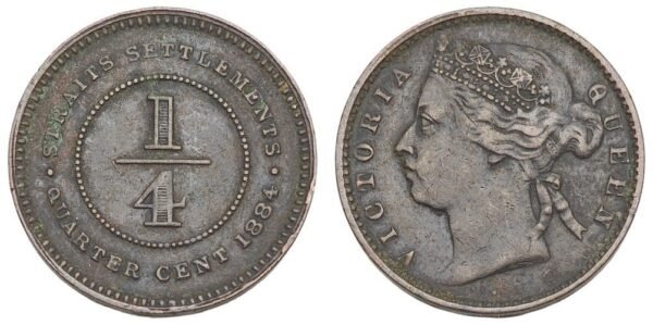 STRAITS SETTLEMENTS 1/4 cent 1884 VF