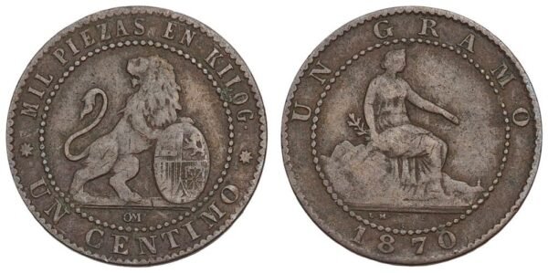 SPAIN 1 centimo 1870 VF