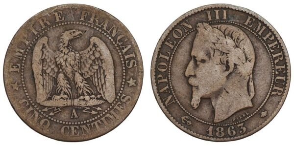 FRANCE 5 centimes 1863A VF