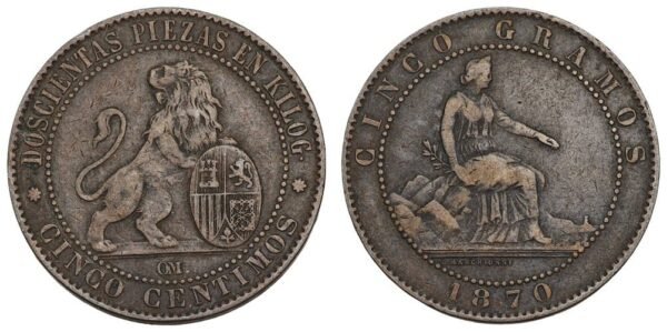 SPAIN 5 centimos 1870 VF