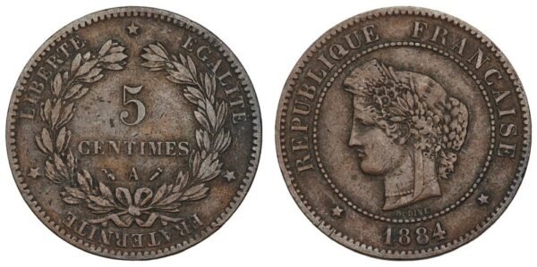 FRANCE 5 centimes 1884A VF