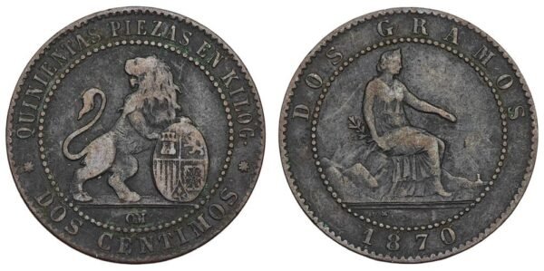 SPAIN 2 centimos 1870 VF