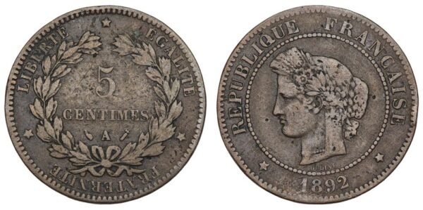 FRANCE 5 centimes 1892A VF