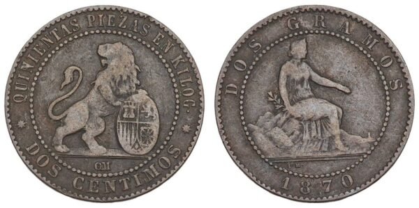 SPAIN 2 centimos 1870 VF