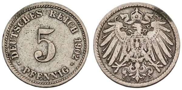 GERMANY 5 pfennig 1902D / Empire / VF