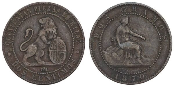 SPAIN 2 centimos 1870 VF