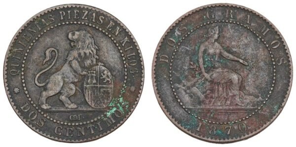 SPAIN 2 centimos 1870 VF-