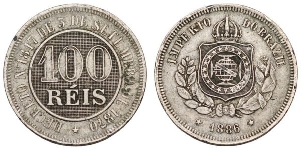 BRAZIL 100 reis 1886 VF-