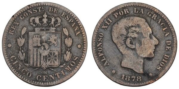 SPAIN 5 centimos 1878 VF-