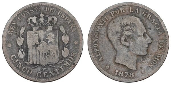 SPAIN 5 centimos 1878 VF-