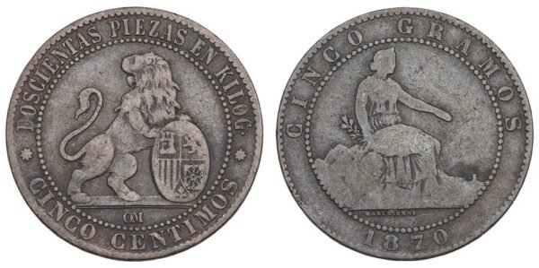 SPAIN 5 centimos 1870 VF-