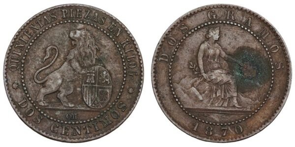 SPAIN 2 centimos 1870 VF-