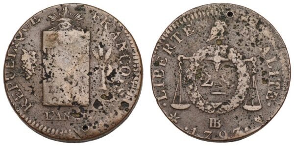FRANCE 2 sol 1793BB / holed / VG