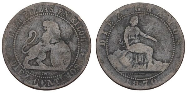 SPAIN 10 centimos 1870 F