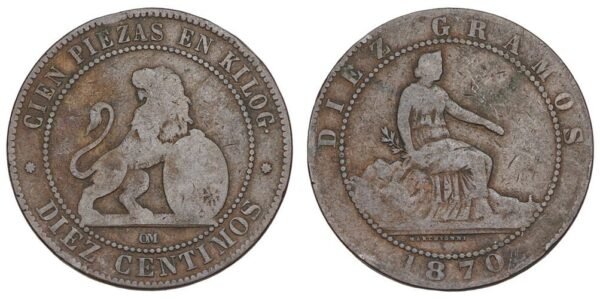 SPAIN 10 centimos 1870 F