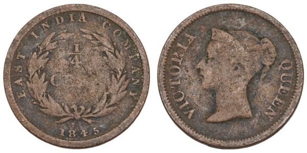 INDIA 1/4 cent 1845 / British / East India Company / F