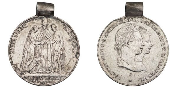 AUSTRIA 1 gulden 1854 / Wedding of Franz Joseph and Elisabeth / Silver / used as jewelry / VG
