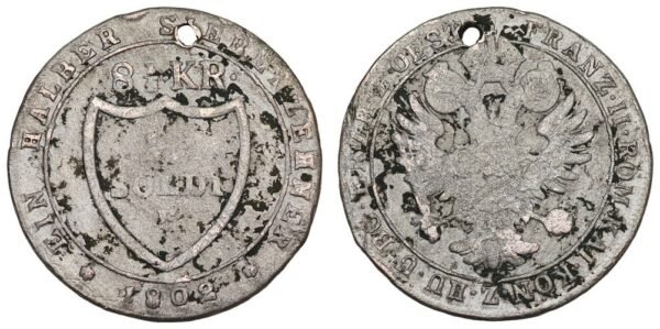 AUSTRIA 15 soldi / 8½ kreuzer 1802 / Silver / holed / VG