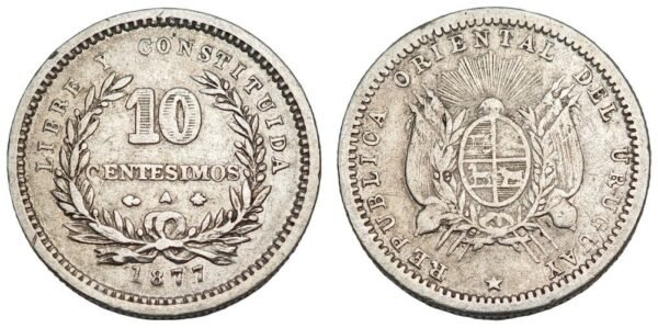 URUGUAY 10 centesimos 1877 / Silver / VF