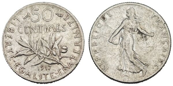 FRANCE 50 centimes 1917 / Silver / VF