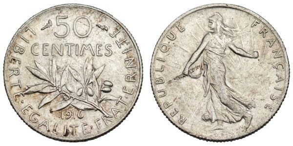 FRANCE 50 centimes 1916 / Silver / VF