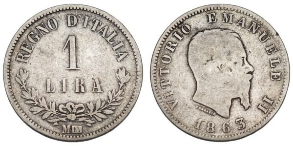 ITALY 1 lira 1863 / Silver / VF-