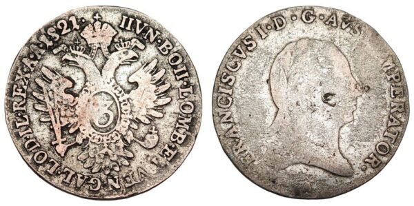 AUSTRIA 3 kreuzer 1821 / Silver / F+