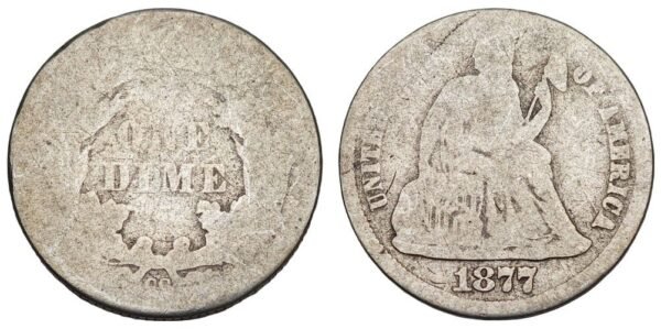 UNITED STATES OF AMERICA 10 cents 1877CC / Liberty Seated / Carson City Mint / Silver / VG