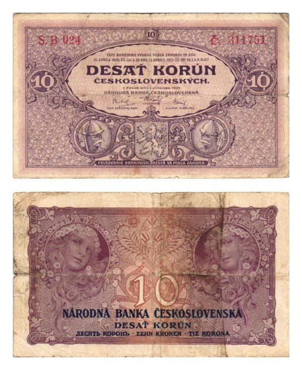CZECHOSLOVAKIA 10 korun 1927 VF-