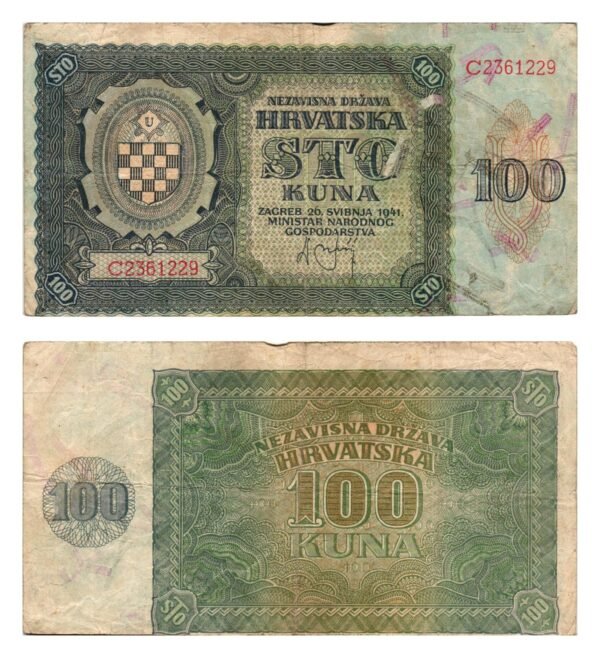 CROATIA 100 kuna 1941 / Error cut / Ustasa WWII Germany Italy ally / VF-
