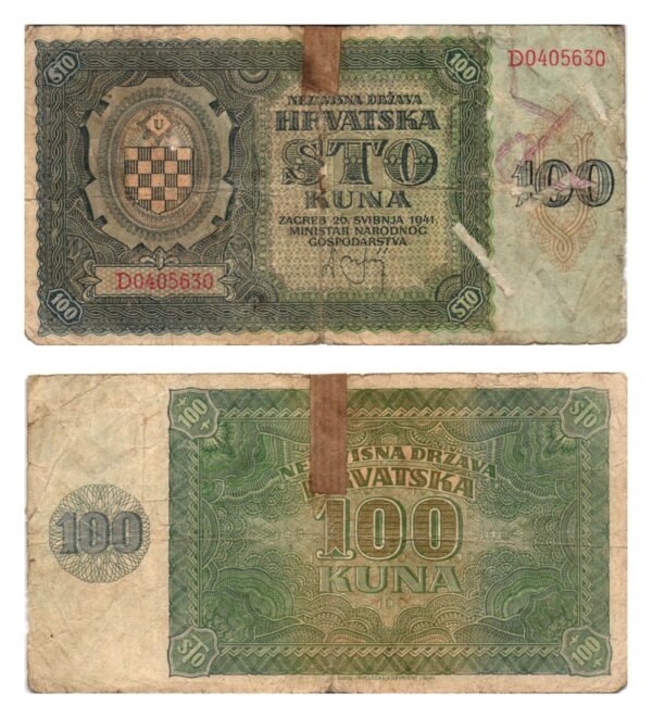 CROATIA 100 kuna 1941 / Ustasa WWII Germany Italy ally / taped / F+