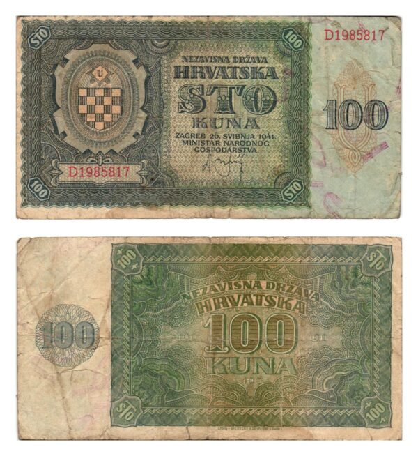 CROATIA 100 kuna 1941 / Ustasa WWII Germany Italy ally / minor tear / F+