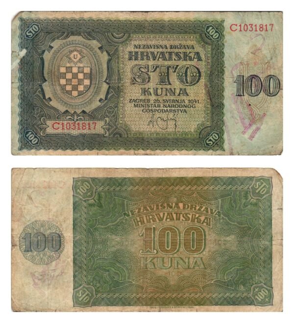CROATIA 100 kuna 1941 / Ustasa WWII Germany Italy ally / F