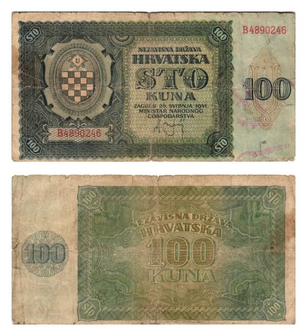 CROATIA 100 kuna 1941 / Ustasa WWII Germany Italy ally / minor tear / VF-