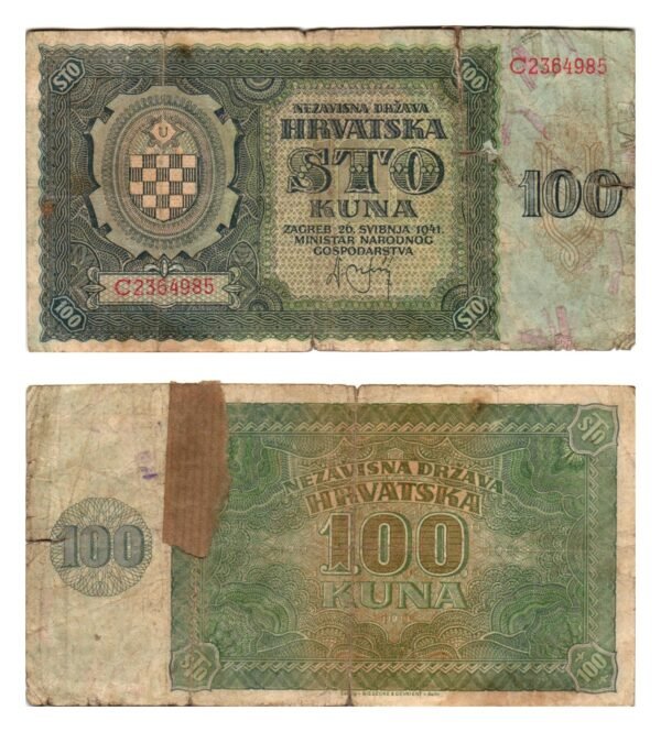 CROATIA 100 kuna 1941 / Ustasa WWII Germany Italy ally / taped / F-