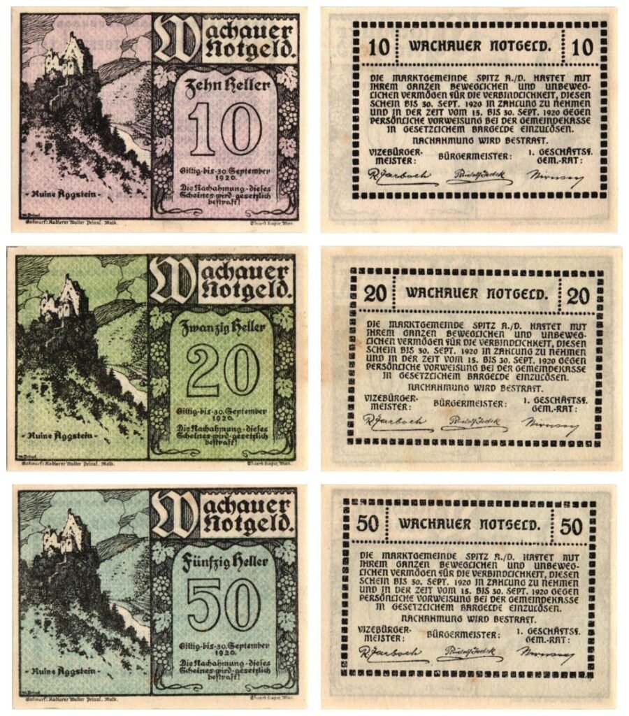 AUSTRIJA Aggstein 1920 lokalni novčanici lot / Notgeld / 3 kom. UNC