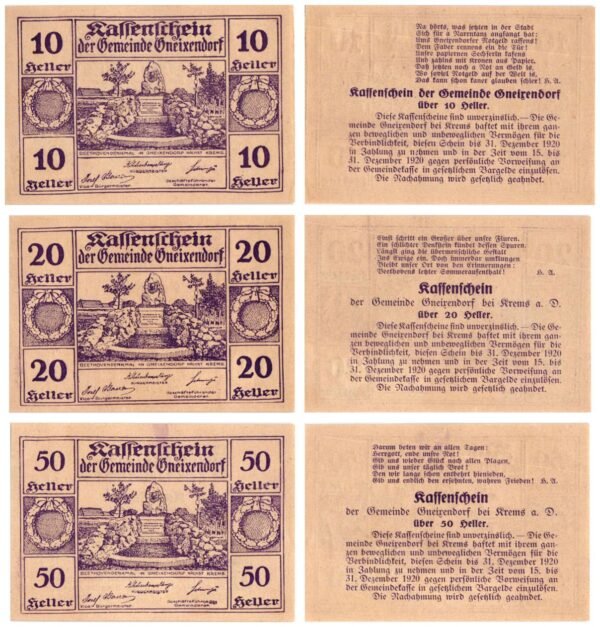 AUSTRIA Gneixendorf 1920 local banknotes lot / Notgeld / 3 pcs. UNC