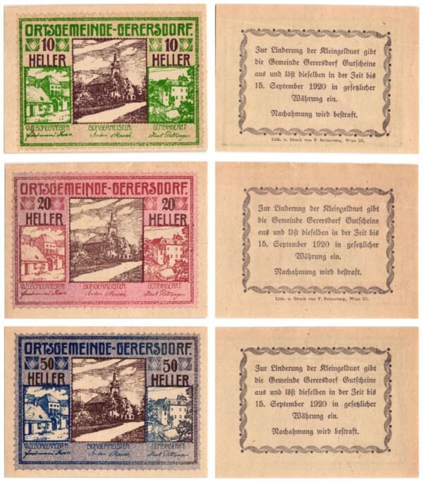 AUSTRIA Gerersdorf 1920 local banknotes lot / Notgeld / 3 pcs. UNC