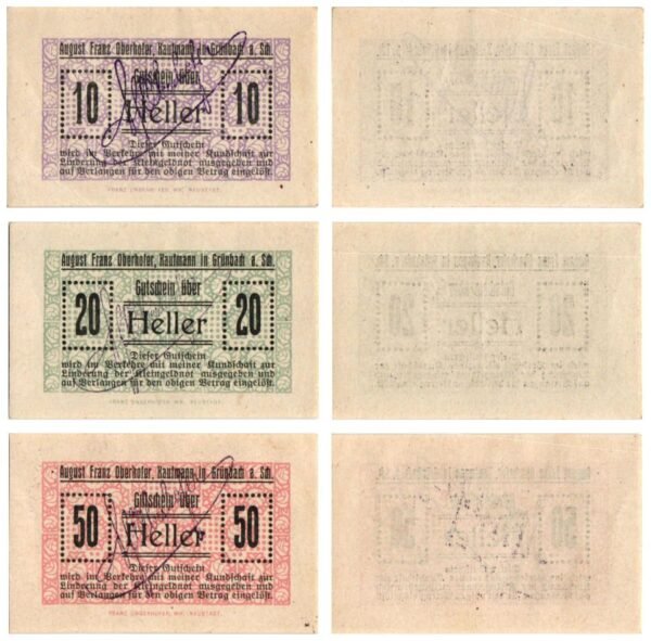 AUSTRIA Grünbach am Schneeberg 1920 local banknotes lot / Notgeld / 3 pcs. UNC