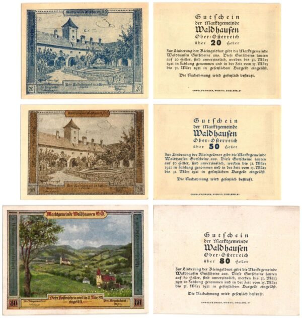 AUSTRIA Waldhausen 1921 local banknotes lot / Notgeld / 3 pcs. UNC
