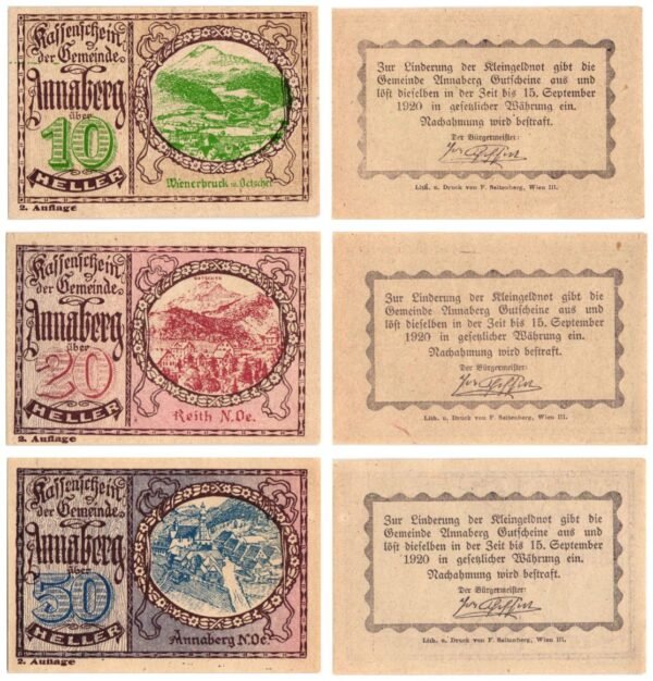 AUSTRIA Annaberg (2nd issue) 1920 local banknotes lot / Notgeld / 3 pcs. UNC