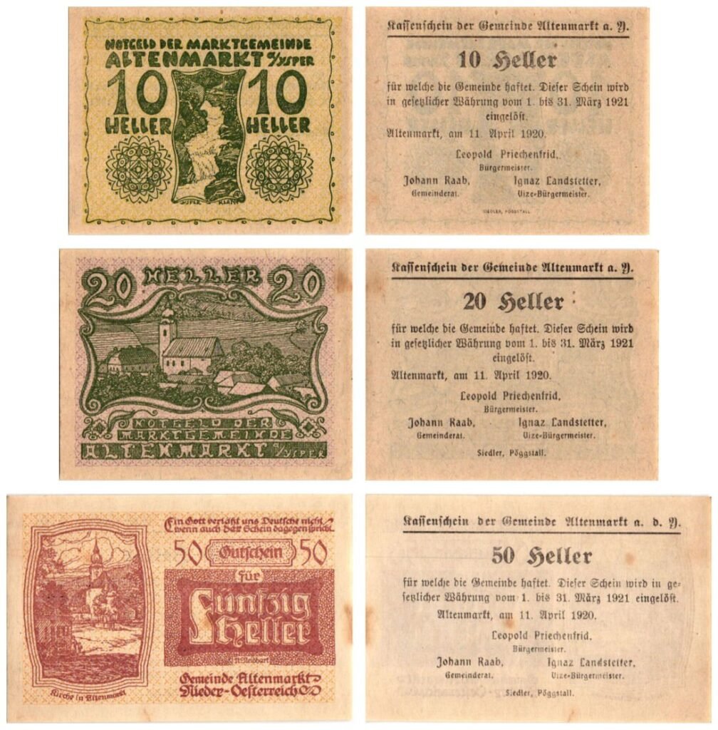 AUSTRIJA Altenmarkt an der Ysper 1920 set lokalnih novčanica / Notgeld / 3 kom. XF