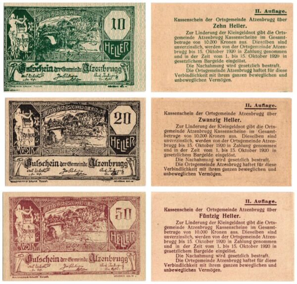 AUSTRIA Atzenbrugg 1920 local banknotes lot / Notgeld / 3 pcs. UNC