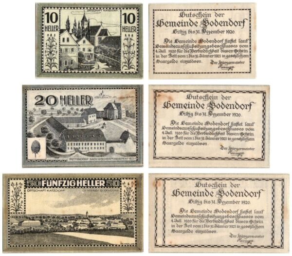 AUSTRIA Bodendorf 1920 local banknotes lot / Notgeld / 3 pcs. VF