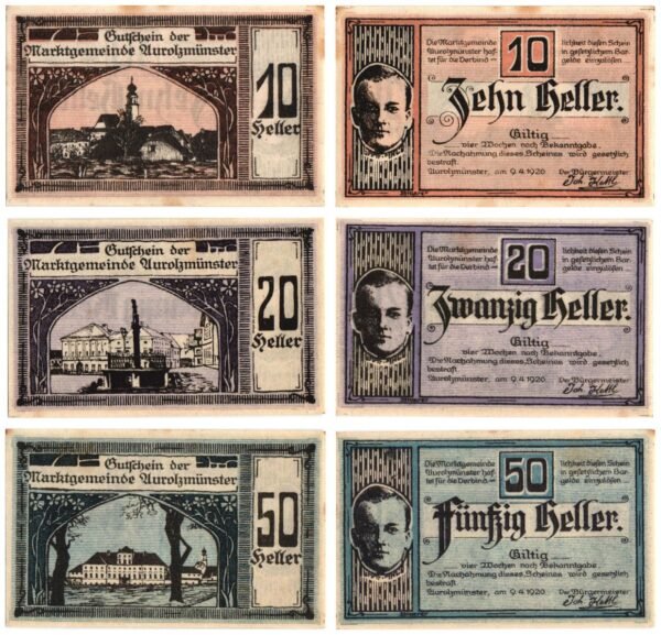 AUSTRIA Aurolzmünster 1920 local banknotes lot / Notgeld / 3 pcs. XF