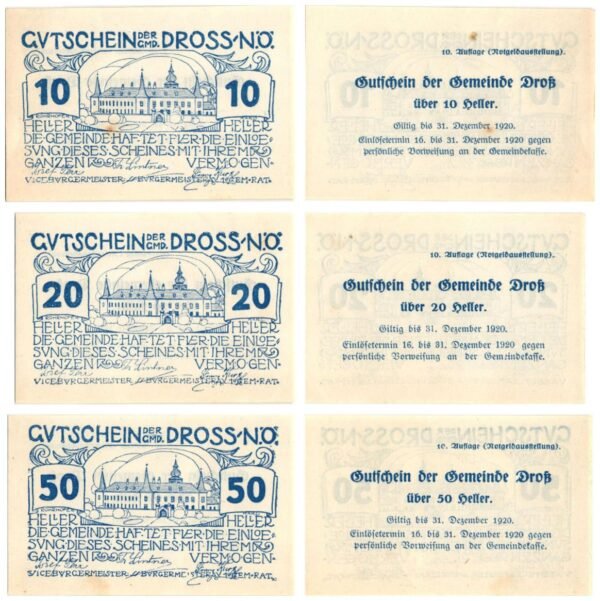AUSTRIA Dross (10th issue) 1920 local banknotes lot / Notgeld / 3 pcs. XF+